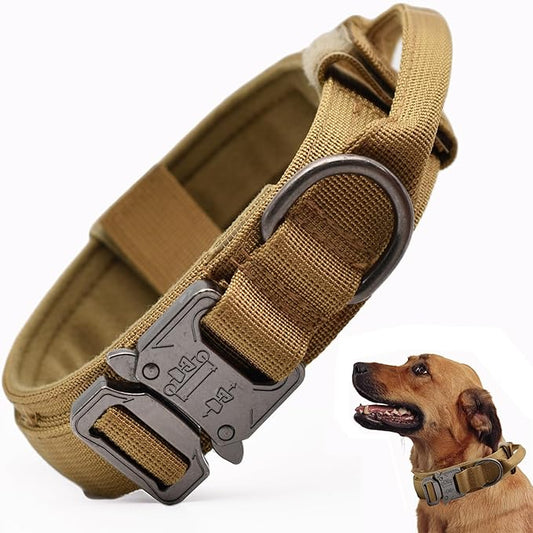 Tactical Dog Collar, Adjustable Military Training Nylon Dog Collar with Control Handle and Heavy Quick-Release Metal Buckle for Small Medium Large Dogs, Brown L