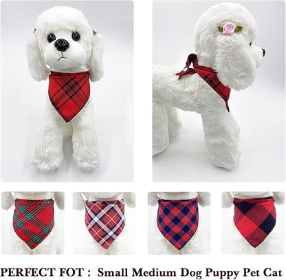 5PCS Dog Bandanas with Button - Thick Triangle Bibs Dual Layer Soft Cotton Scarves for Small Medium Boy Girl Puppy Cat Pet Baby Square Plaid Printing Washable Kerchief Halloween Costumes Outfits