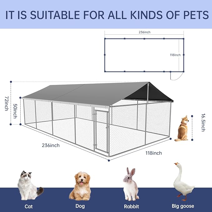 Petonly Outdoor Dog Enclosure Heavy Duty Dog Kennel House Mesh Dog Big Cage Pet Kennel Steel Fence with Secure Lock(236”x 118”)