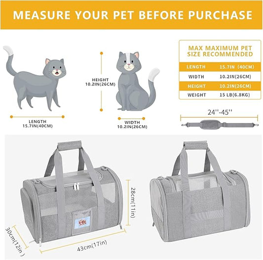 Airline Approved Cat Carrier, Soft-Sided Pet Travel Carrier for Cats and Small Dogs up to 15lbs, TSA Approved Under Seat Carrier with Collapsible Bowl, Grey