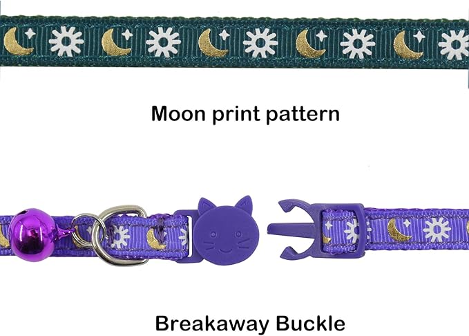 3 PCS Breakaway Cat Collar with Bell, Moon Cat Collar Adjustable Cute Kitten Collars Soft for Cat Puppy 7-10.2in (Red Pink Purple)
