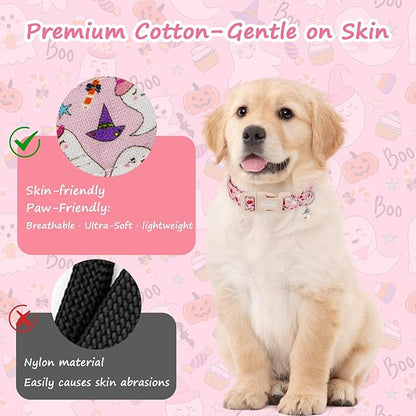 Halloween Dog Collar, Fall Dog Collars for Large Dogs, Cute Pink Puppy Collar with Adorable Ghost & Pumpkin Design, Soft Cotton Large Dog Collars Girl Boy Dog Collar-L