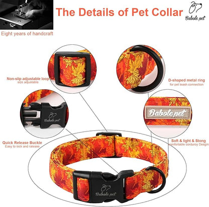 Fall Dog Collar, Gold Maple Leaves Pattern Fall Thansgiving Puppy Collar, Soft Adjustable Cotton Holiday Dog Collars for Small Medium Large Boy&Girl Dogs L