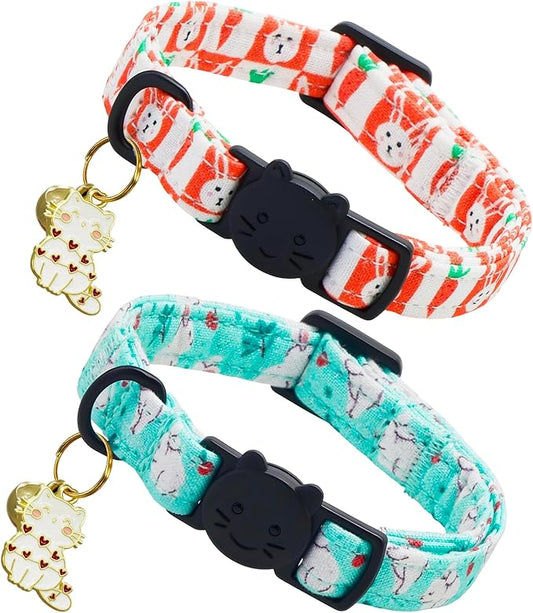 Easter Cat Collar-2 Pack Collars White and Orange Rabbit Print Breakaway with Kitten and Bell Pendant Safety Buckle Adjustable Pet Collar Gift for Cats and Small Pets