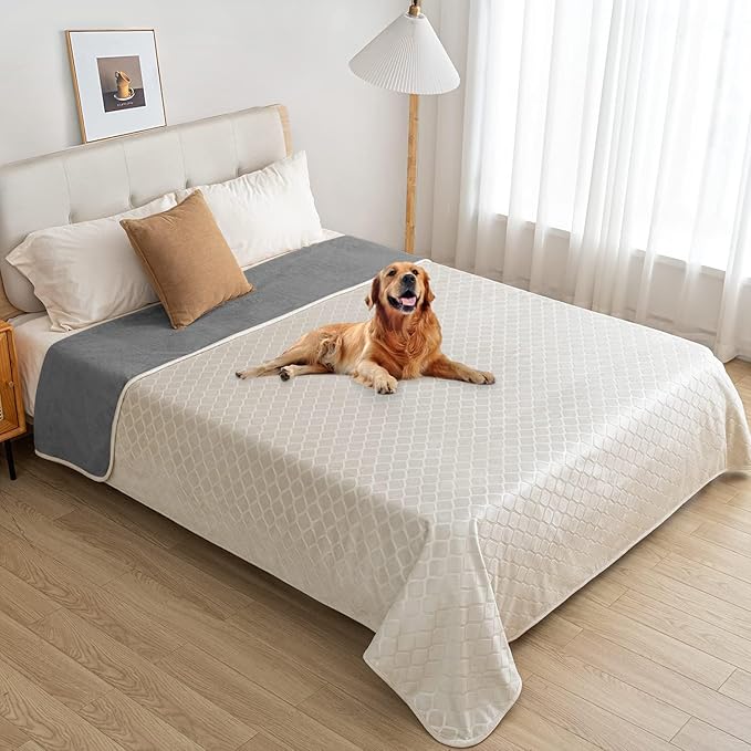 fuguitex Waterproof Dog Blanket Bed Cover Dog Crystal Velvet Moroccan Fuzzy Cozy Plush Pet Blanket Throw Blanket for Couch Sofa(68 * 82 inch, Cream+Grey)
