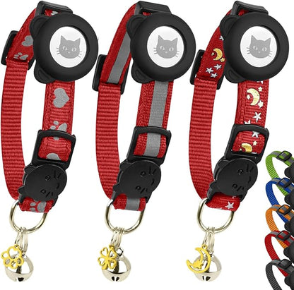 Cat Collar with AirTag Holders, 3-Pack, Reflective Breakaway Safety Collars, Bells and Matching Charms, Adjustable, Paw Hearts, Moon Stars Design, Lucky Charm, Red