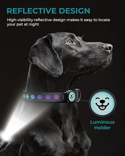 Dog Collar with Airtag Holder, IP67 Waterproof Reflective AirTag Dog Collars for Medium & Large Dogs, Adjustable Pet Collar with Twist-Lock Holder & Green Glow for Night (XL, 18.1"-27.95", Black)
