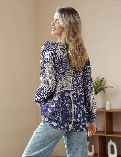 YESNO Women Christmas Sweater Graphic Printed Oversized Pullover Sweaters Casual Loose Knit Tops S01