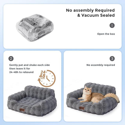 Dog Couch Bed - Fluffy Dog Sofa, Large Orthopedic Pet Sofa Bed with Removable Washable Cover, Faux Fur Calming Cute Pet Couch with Supportive Egg Foam and Non-Slip Bottom, Ivory White