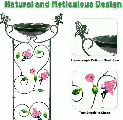 HONGLAND 36.5" Metal Bird Bath with Trellis, Outdoor Garden Birdbath with Detachable Bowl & Climbing Plant Support, Decorative Bird Feeder Station with Fairy for Yard, Patio, Fence