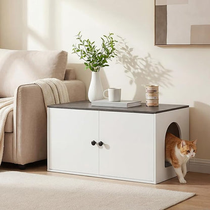 HOOBRO Cat Litter Box Enclosure, Hidden Litter Box Furniture with Side Entry, Litter Box Cabinet, Indoor Cat House, End Side Table, 31.5" L x 17.7" W x 16.3" H, White and Charcoal Gray BW40MW01