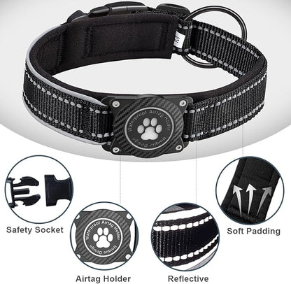 Airtag Dog Collar with Waterproof Air Tag Holder, Luminous Reflective, Soft Padded, Adjustable Nylon Pet Collar for Small Medium Large Heavy Duty Dogs,Black, XL