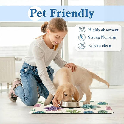 Cactus Flower Pet Feeding Mat for Floors–Christmas Stocking Absorbent Quick Dry Dog Cat Bowl Mat for Food and Water, Non Slip Waterproof Base, Mess-Free Feeding Accessories 12"x20"