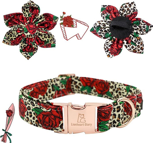 Lionheart Glory Dog Collar, Red Rose Dog Collar with Flower, Cute Floral Pattern Pet Collar Adjustable Dog Collar for X-Large Dogs