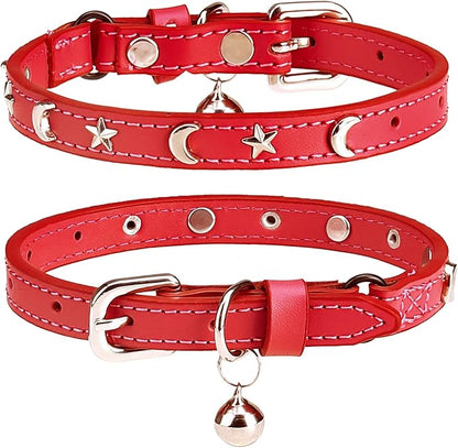 Leather Cat Collars for Boy Girl Cats with Bell and Safety Elastic Belt, Personalized Star and Moon Stud Adjustable Safe Buckle Collar for Kitty Small Big Cats Size 8-12 Inch, Red