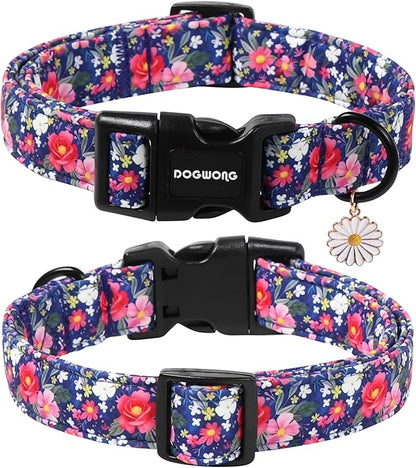 DOGWONG Blue Flower Dog Collar, Cute Adjustable Floral Collar, Girl Female Dog Collar with Strong Plastic Buckle for Small Medium Large Dogs,M