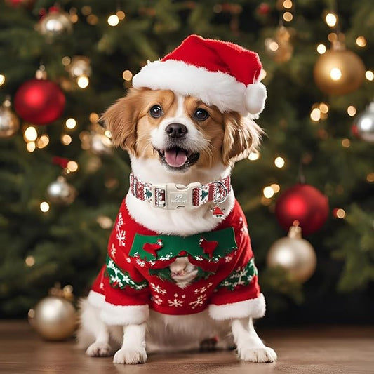 Christmas Dog Collar for Medium Dogs - Cute Fair Isle Style Christmas Collars for Dogs, Soft Adjustable Winter Holiday Dog Collars with Quick Release Buckle M