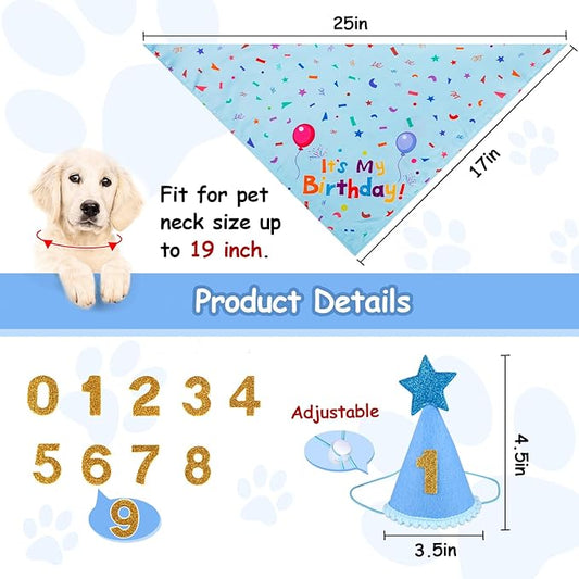Dog Birthday Bandana Set, Dog Birthday Party Supplies, Puppy Boy Girl Birthday Party Hat with Numbers for X-Small, Small and Meidum Puppy (Blue)