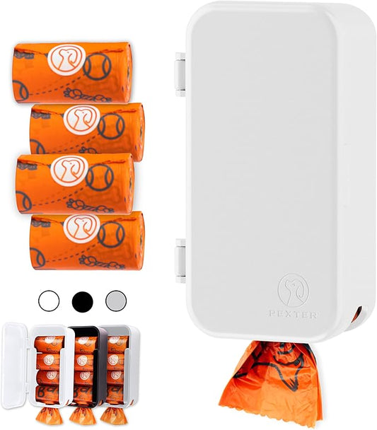 Dog Poop Bag Dispenser - Outdoor or Indoor Pet Waste Bag Dispenser Station - Stick-On or Screw-On Wall Mount - Poop Bags Storage Outdoor Container - Includes 4 Doggie Bag Rolls (White)