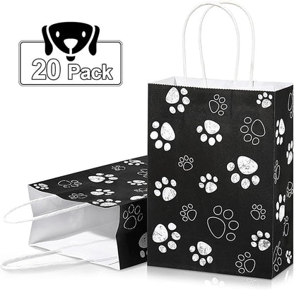 Blulu 20 Pcs Puppy Dog Paw Gift Bags with Paper Twist Handles, Dog Gift Paper Paw Treat Goodie Bags for PET Treat Party Favor, 6.3 x 3.1 x 8.6 Inch(Black Backing)