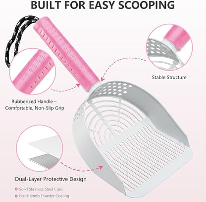 Cat Litter Scoop, Metal Scooper for Cat Box, Aluminum Alloy Sifter, Deep Shovel Poop Cleaner, Long Handle Ergonomic Grip, Rustproof Waterproof Construction, Design for Litter Box Cleaning