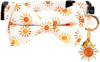 2 Pack Breakaway Cat Collar with Removable Bow Tie and Bell for Boy Girl Cats,Cute Cotton Kitten Collar with Purple Lavender and Red Flower Pattern for Female Male Cats (Lightning&Sun)