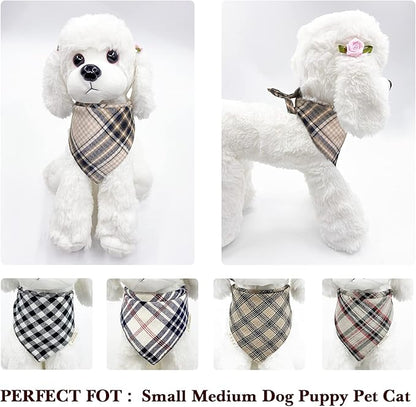 5PCS Dog Bandanas with Button - Thick Triangle Bibs Dual Layer Soft Cotton Scarves for Small Medium Boy Girl Puppy Cat Pet Baby Square Plaid Printing Washable Kerchief Halloween Costumes Outfits