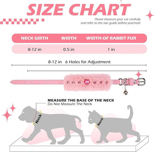 EXPAWLORER Valentine's Day Cat Collar - Adjustable Furry Leather Cat Collars with Pearls and Gemstones for Girl Boy Cats, Elegant Plush Pet Collar with Bell & Durable D-Ring, Pink