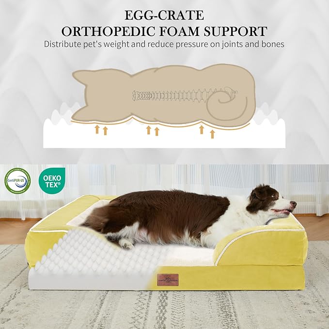 Comfort Expression Orthopedic Dog Bed for Extra Large Dogs 53x42 Inch, Waterproof Egg Crate Foam XXL Pet Bed with Removable Bolsters, Dog Couch with Washable Cover & Non-Slip Bottom, Spicy Mustard