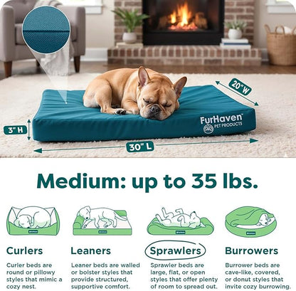 FurHaven Water-Resistant Orthopedic Dog Bed for Medium Dogs, Oxford Polycanvas Mattress with Orthopedic Solid Slab Foam for Joint Support, Removable Washable Cover, Medium, Deep Lagoon