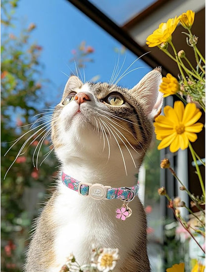 Cat Collar,2Pack Summer Cat Collars Cute Breakaway,Spring Green Leaf Flower Kitten Collar with Bell, Kitty Collars with Safety Buckle for Girl & Boy Cats
