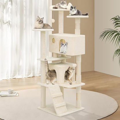 Athena Collection Cat Tree - 62"Multilevel Cat Scratching Post & Condo, Dangling Ball Activity Center for Indoor Cats, Beige