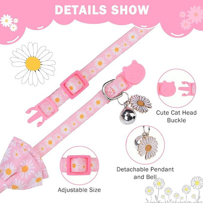 SCENEREAL Spring Cat Collar Breakaway with Bells, 2 Pack Cute Flower Pet Collar with Removable Bow Tie and Bandana, Adjustable Safety Buckle with Daisy Pendants for Girl Cats Kitten