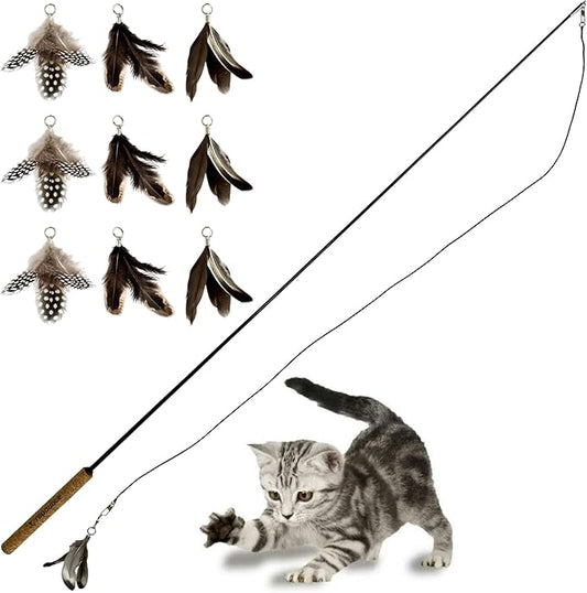 Forever Stick with 9 Feather Toy Lures - The Unbreakable Cat Wand Toy, Extra Long Durable Cat String Toy for Indoor Cats, Bored Indoor Adult Cats, Natural Feather Attachment Toy Lures Refill