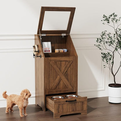 Dog Feeding Station with Storage Cabinet and 2 Elevated Dog Bowls, Hidden Pet Food Storage Organizer for Dog &Cat,Modern Dogs Furniture (Walnut)