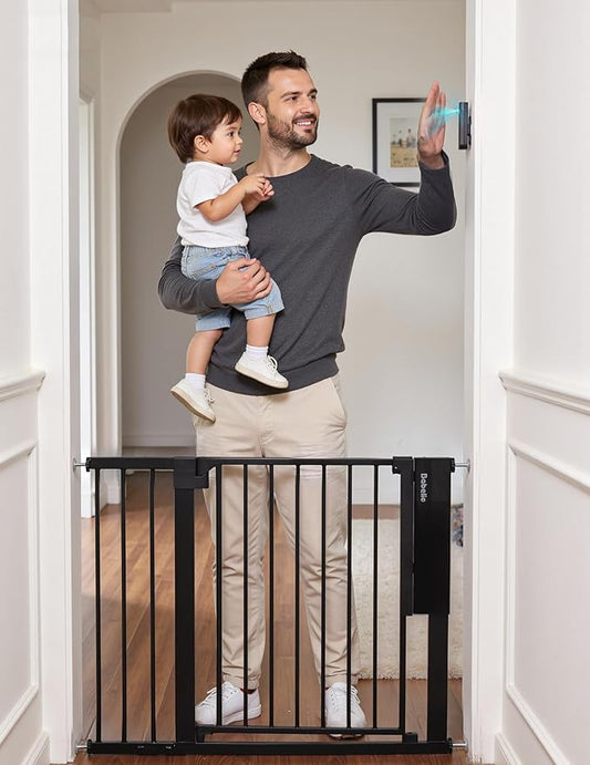 Babelio Smart Baby Gate with Auto-Unlock/Close, Pressure Mounted No Drill for Doorways/Top of Stairs. Pet/Dog Door Wide Walk Thru w/Infrared Sensor & Instant Safety Alert (Black, 30.3-47.2" W, 30" H)