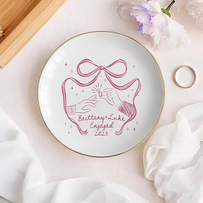 Custom Engaged Ring Dish - Personalized Bow & Rings Exchange Illustration Jewelry Tray, Engagement Trinket Holder Dish, Gifts for Newly Engaged Couple, Bride, Wife, or Bestie