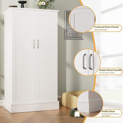 47" Dog Food Storage Cabinet with Doors and Adjustable Shelves, Freestanding Pet Storage Container Organizer for Living Room and Dinning Room, White