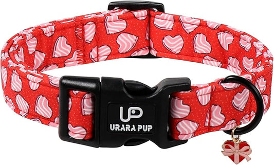 Valentine's Dog Collar, UP URARA PUP Pink Heart in Red Adjustable Pet Collar with Bowknot Charm, Wedding Dog Accessories for Small Medium Large Dogs