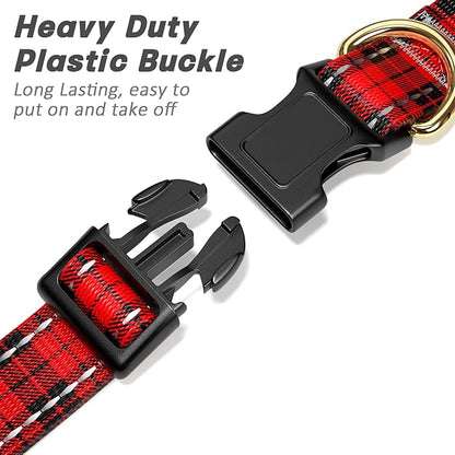 Reflective Dog Collar for Extra Small Dogs, Cute Boho Adjustable Heavy-Duty Nylon Puppy Collar for Boy and Girl Female, Soft Pet Accessories with Quick Release Buckle, Black Red Tartan