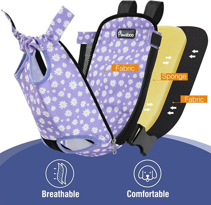 Pawaboo Pet Carrier Backpack, Adjustable Pet Front Cat Dog Carrier Backpack Purse Travel Bag, Legs Out, Easy-Fit for Traveling Hiking Camping for Small Medium Dogs, Medium Size, Black & Purple Daisy