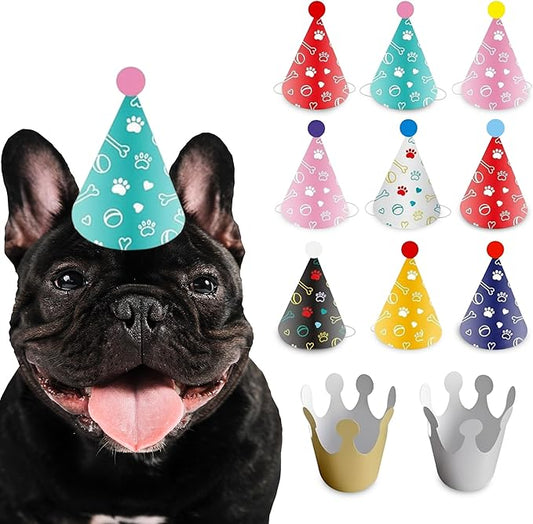 Dog Birthday Party Hat Set, Reusable & Adorable Kitty/Doggy Birthday Celebration Accessories, 1 Pack (9 Pet Hats & 2 Crowns) - Dirty Dog Goods
