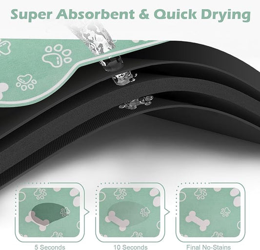 Dog Cat Mat for Food and Water,Rapid Absorbent Pet Feeding Mat, Bone Shaped Dog Placemat Bowl Mat with Rubber Backing,No Stains Pet Food Mats Indoor, Pet Accessories Supplies,Green 17"×29"