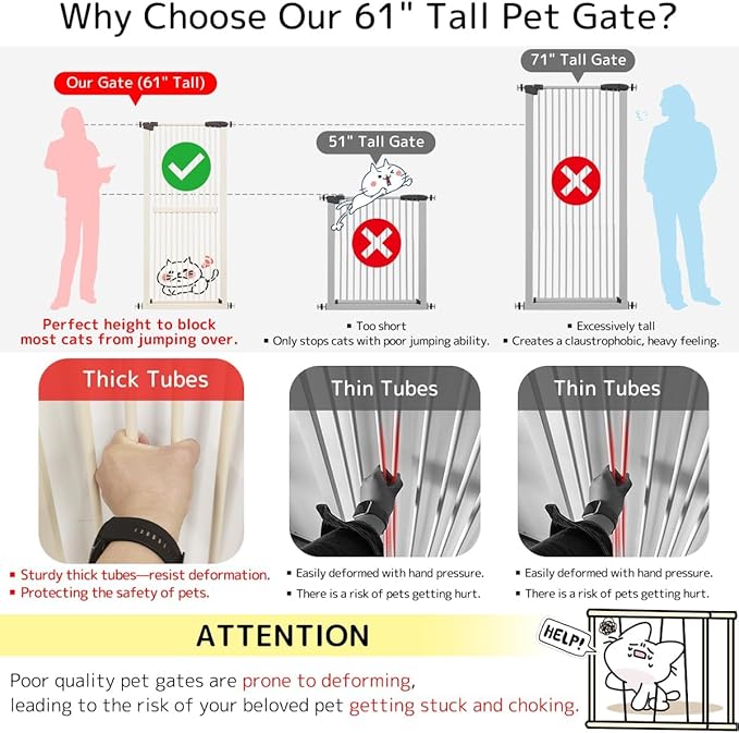 Lumizone Extra Tall Cat Gate 61.02" High Pressure Mounted Extra Wide 38.39"-59.24" (17Sizes) 1.37" Gap No Drilling Auto-Close Tall Pet Gate for Dogs (Cream, 30.12"-59.24" W)