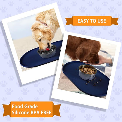 100% Waterproof 0.5" Raised Edge BPA Free Silicone Dog Food Mat, Pet Cat Feeding Mats Contain Spills Protects Floors, Placemats for Cats and Dogs Water Bowl Dishwasher. (Small, Navy)