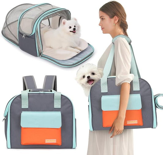 Expandable Cat & Small Dog Carrier Backpack, Soft-Sided Airline-Approved Pet Travel Bag with Dual-Side Expansion, Under-Seat Fit, Breathable Mesh, for Hiking, Vet Visits & Trips (Up to 22 lbs)