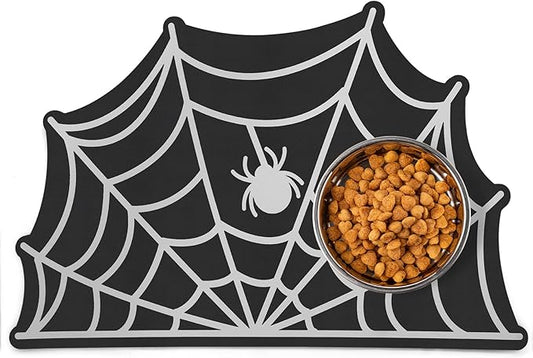 Pet Mats for Food and Water Dog Cat Food Mats Pet Feeding Mat Anti-Slip No Stains Quick Dry Floors Waterproof Placemat for Pet Food Water Bowl Mat Halloween Decorations - 23.6"x15.7" Spider Web