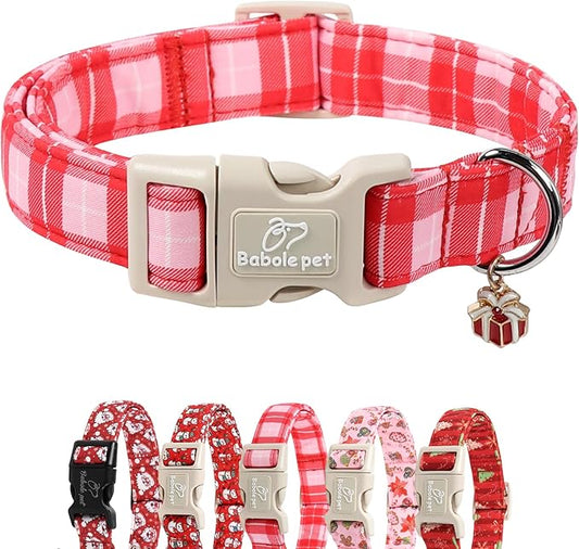 Plaid Dog Collar - Cute Red and Pink Plaid Puppy Collar with Safety Buckle, Soft Adjustable Holiday Dog Collars for Small Medium Large Dogs S