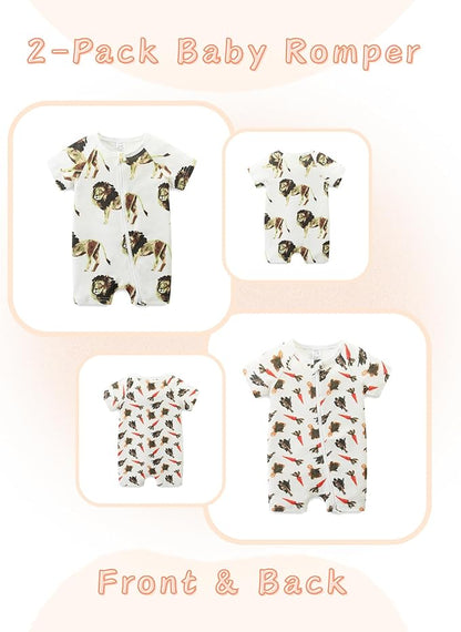 Unisex Summer Trendy 2-Pack Rompers Short Sleeve Zipped Bodysuit Infant Cotton Outfits