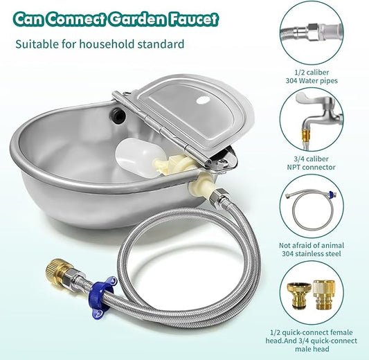 Automatic Water Dispenser for Dogs, Automatic Horse Waterer Bowl with 2 Float Valve,304 Stainless Steel auto self Filling Dog Water Bowl Dispenser Outdoor Livestock Water Bowl Kit for Chicken